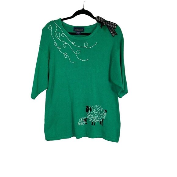 Herman Geist Sweater Women L Green Polka Dot Beaded Sheep Novelty Neutral Retro - Picture 1 of 11